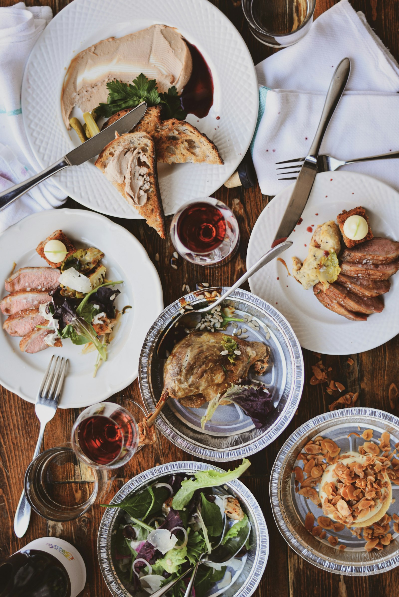 An overhead view of a shared restaurant meal